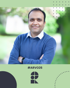 Portrait of Nabin Paudel. Framed in green with decorative black dots and shapes. Text below reads “#ARVO26” with the RI logo.